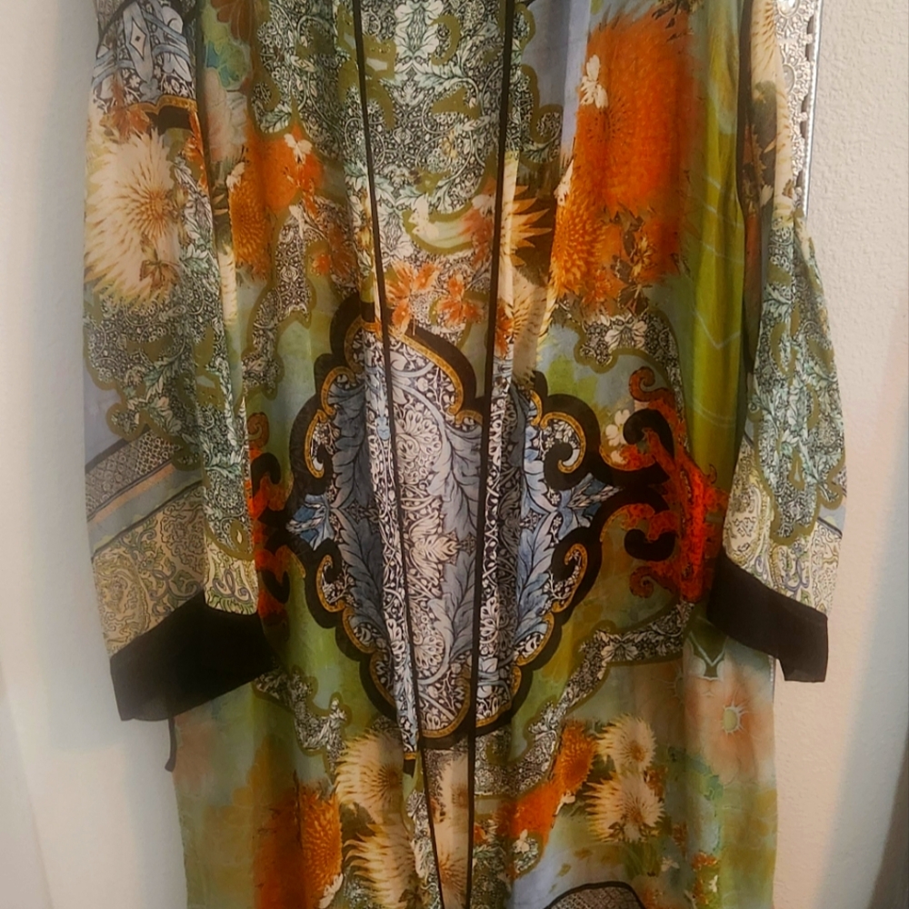 Citron Green, Blue, Orange And Black Long Sheer Kimono